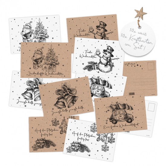 20 Weihnachtskarten, Postkarten aus Kraftpapier (Recyclingkarton) 10x weiß, 10x muskatfarben 