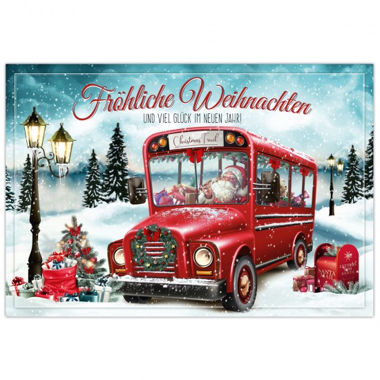 Weihnachtskarte  "Santa´s Truck" Postkarte, Weihnachtsmann im roten Weihnachts-Bus, 17,5 cm x 12 cm
