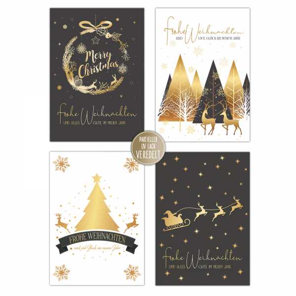 20 Weihnachtskarten, Weihnachts-Postkarten im Set, 4 unterschiedliche Motive, je 5 Stück, Weihnachtspostkarten, Glanzeffekte, Sehr edel in Gold- und Schwarztönen,Glitzer