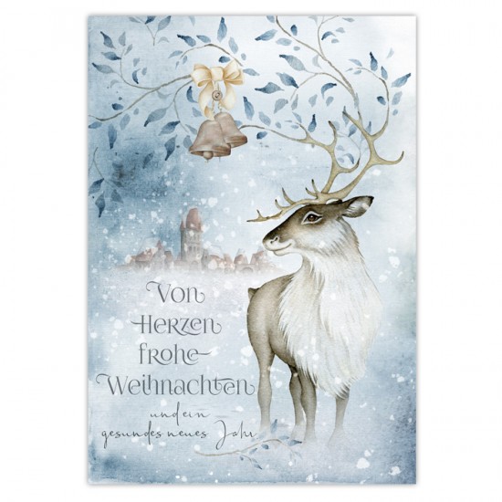 Weihnachtskarte "Von Herzen frohe Weihnachten. Rentier vor der Stadt". Klappkarte  inkl. Umschlag exklusiver Leinenstruktur-Karton