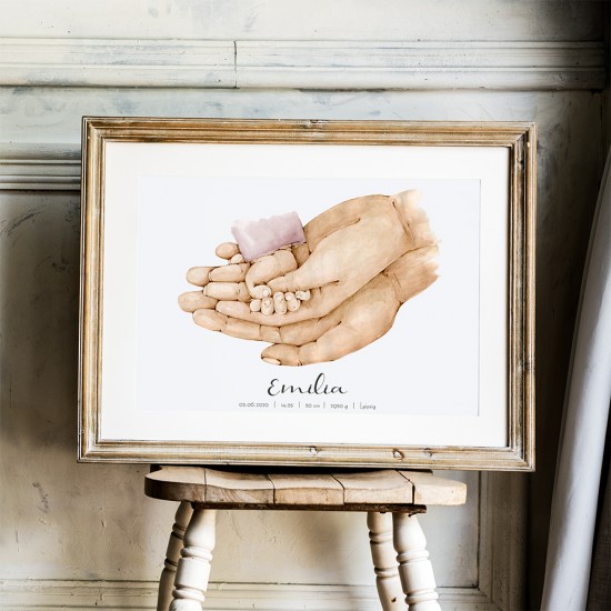 Personalisiertes Geburtsposter "Familie (rosa)" 42 cm x 29,7 cm DIN A3,  Kunstdruck Aquarellzeichnung