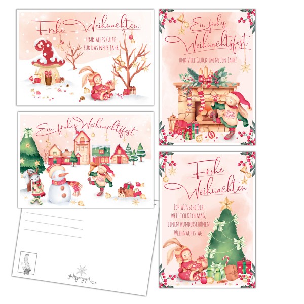 20 Weihnachtskarten, Postkarten"Weihnachten im Hasenwald" 4 Designs im Set. pro Motiv 5 Karten