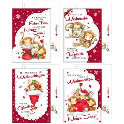 20 Weihnachtskarten, Postkarten"Cute Monkey Christmas" 4 Designs im Set. Postkarte Weihnachten