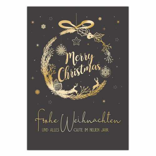 Postkarte " Golden Christmas No. 2 " 10,5 x 14,8 cm, Weihnachtskarte in eleganten Anthrazit (Schwarz) -Gold Tönen