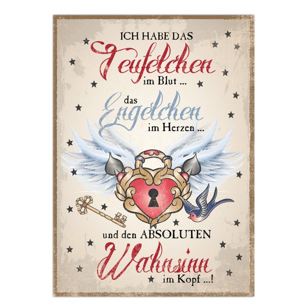 Postkarte "Ich habe das Teufelchen im Blut, das Engelchen im Herzen und den absoluten Wahnsinn im Kopf!", 10,5 x 14,8 cm