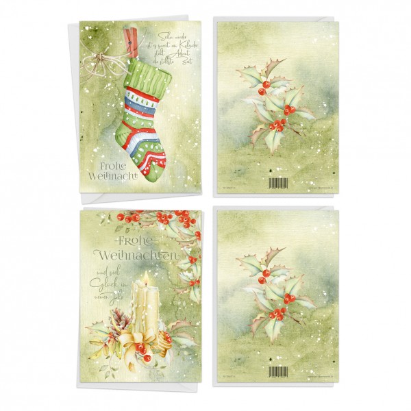 12 hochwertige Weihnachtskarten im Set. Klappkarten inklusive Briefumschlägen. Helle Weihnachtsfarben auf exklusiven Leinenstruktur - Karton.